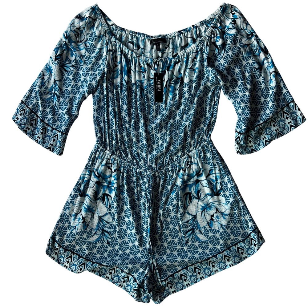 White House Black Market Off Shoulder ArtPrint Romper Jumpsuit Blue White Size L